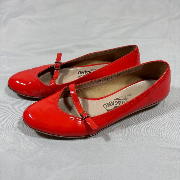 Salvatore Ferragamo Red Patent Mary Jane Round Toe Low Heel Dress Shoes 6.5 - Picture 2 of 7